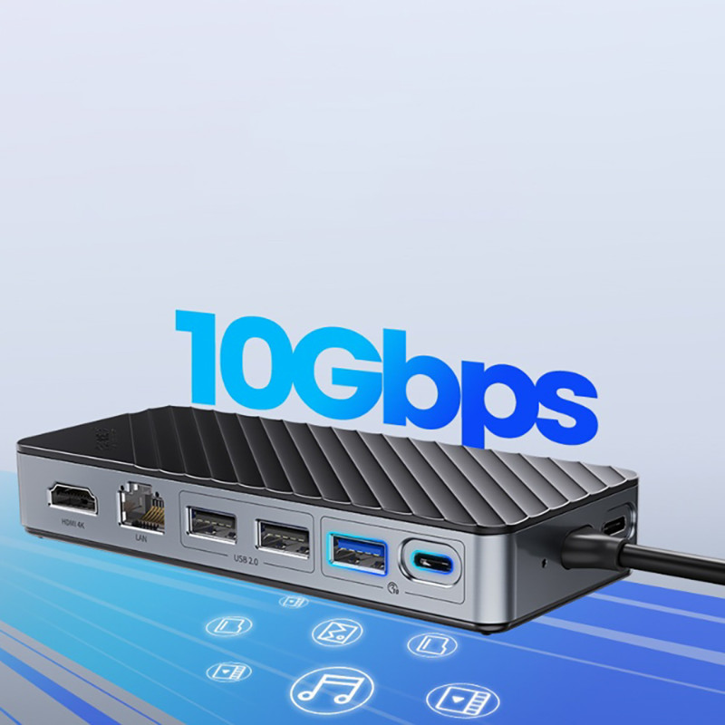 OM28PR-G2 šakotuvo prijungimo stotis su M.2 disko lizdu USB-C – USB-A USB-C HDMI Ethernet – juodas