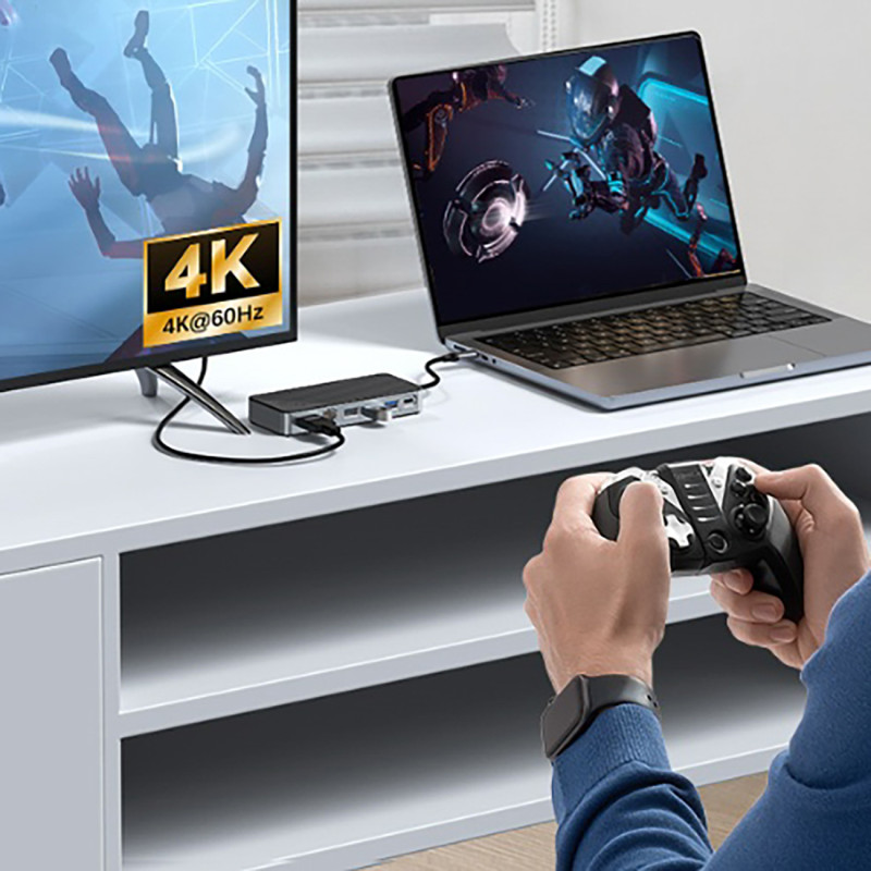 OM28PR-G2 šakotuvo prijungimo stotis su M.2 disko lizdu USB-C – USB-A USB-C HDMI Ethernet – juodas