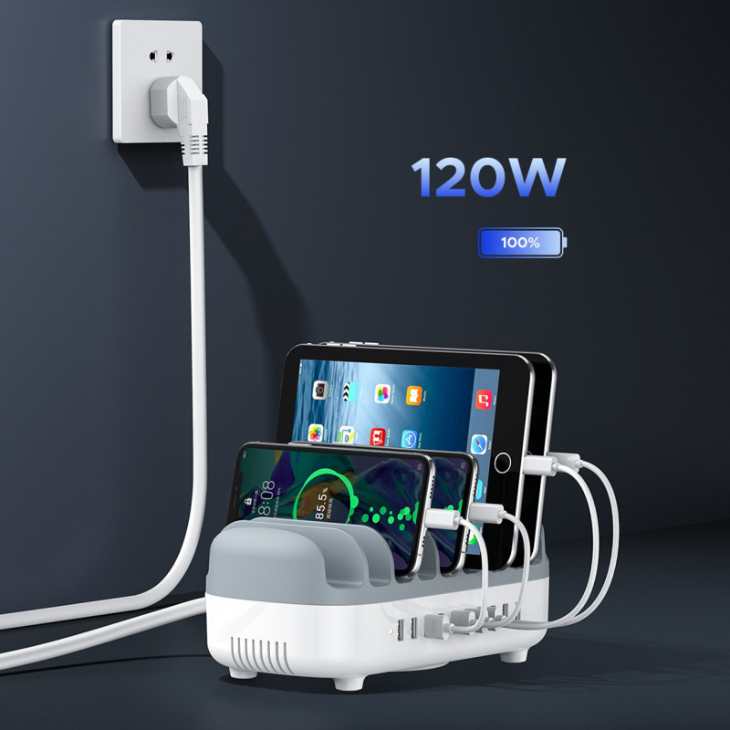DUK-10P-V1 išmanioji įkrovimo stotelė telefonams planšetiniams kompiuteriams 10x USB-A – balta