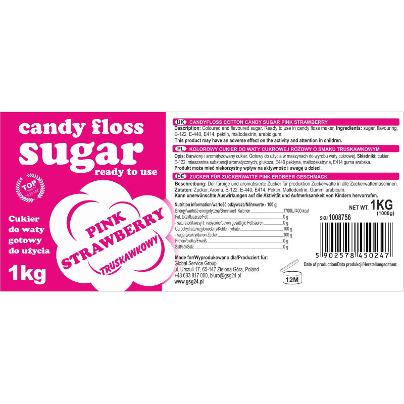Spalvingas cukrus cukraus vatai rožinės braškių skonio 1kg