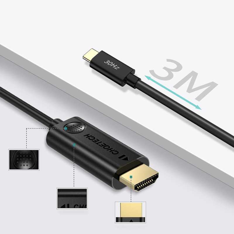 C tipo USB laidas – HDMI 4K 30Hz 3m juodas