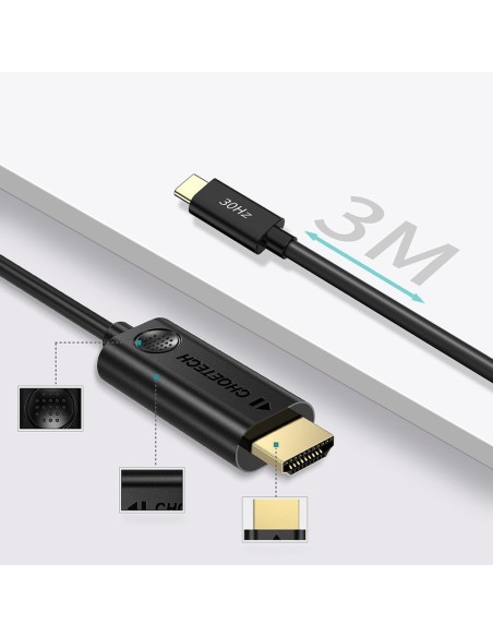 C tipo USB laidas – HDMI 4K 30Hz 3m juodas