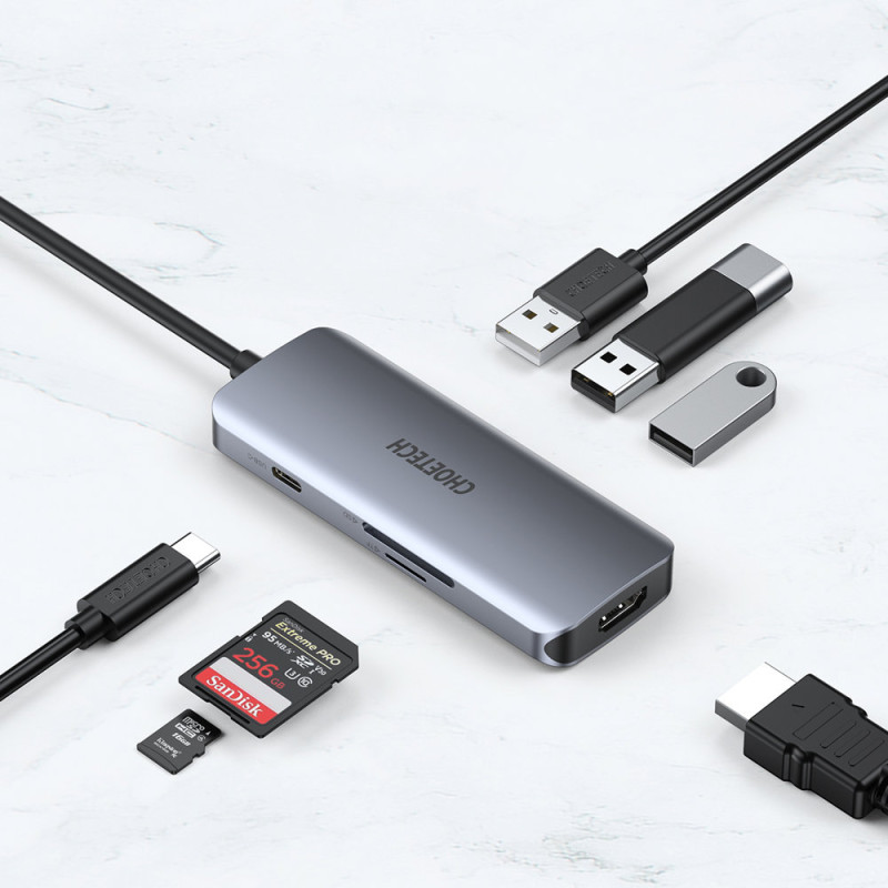 Daugiafunkcis USB HUB Type C – 3xUSB kortelių skaitytuvas SD ir TF HDMI 4K 7in1 pilka