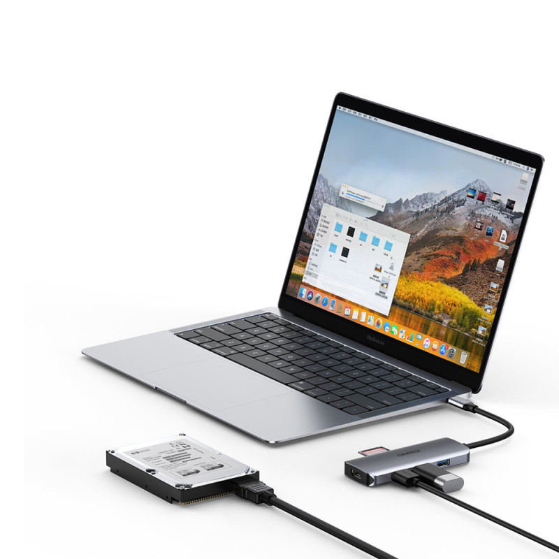 Daugiafunkcis USB HUB Type C – 3xUSB kortelių skaitytuvas SD ir TF HDMI 4K 7in1 pilka