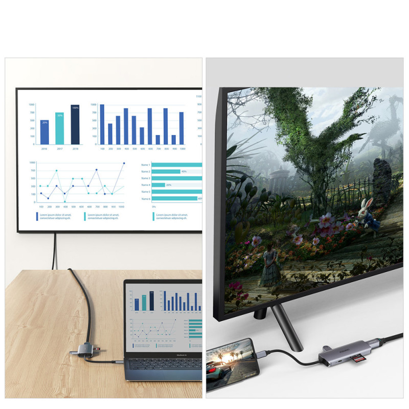 Daugiafunkcis USB HUB Type C – 3xUSB kortelių skaitytuvas SD ir TF HDMI 4K 7in1 pilka