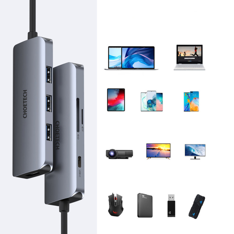 Daugiafunkcis USB HUB Type C – 3xUSB kortelių skaitytuvas SD ir TF HDMI 4K 7in1 pilka