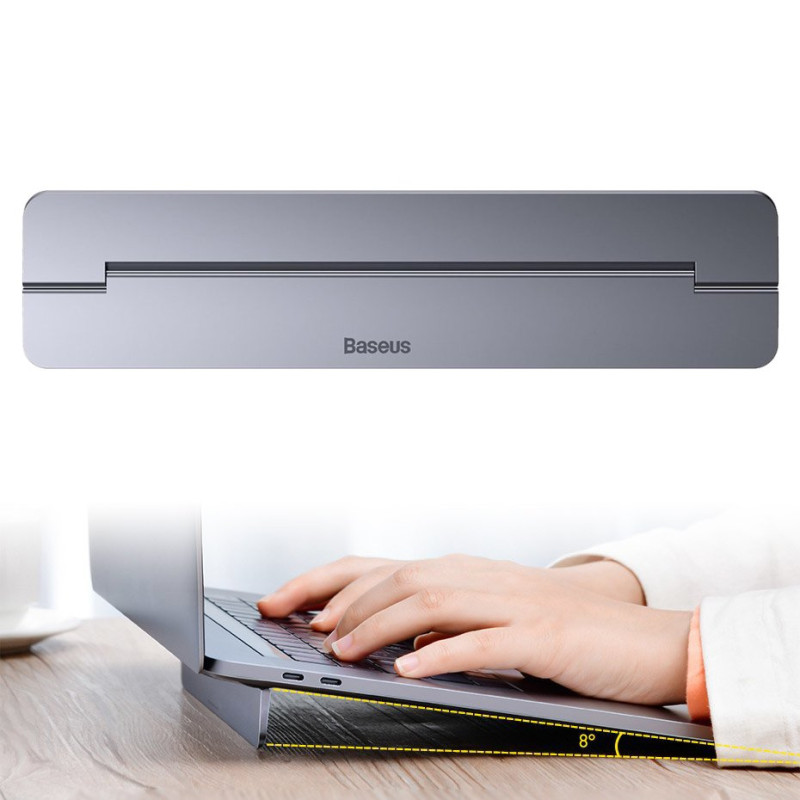 Nešiojamojo kompiuterio stovas MacBook itin plonas sulankstomas lipnus aliuminis tamsiai pilkas