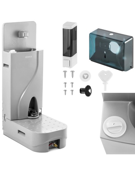 Nešiojamas kempingo praustuvas su muilo dozatoriumi ir laikikliu popieriui SET 65 l