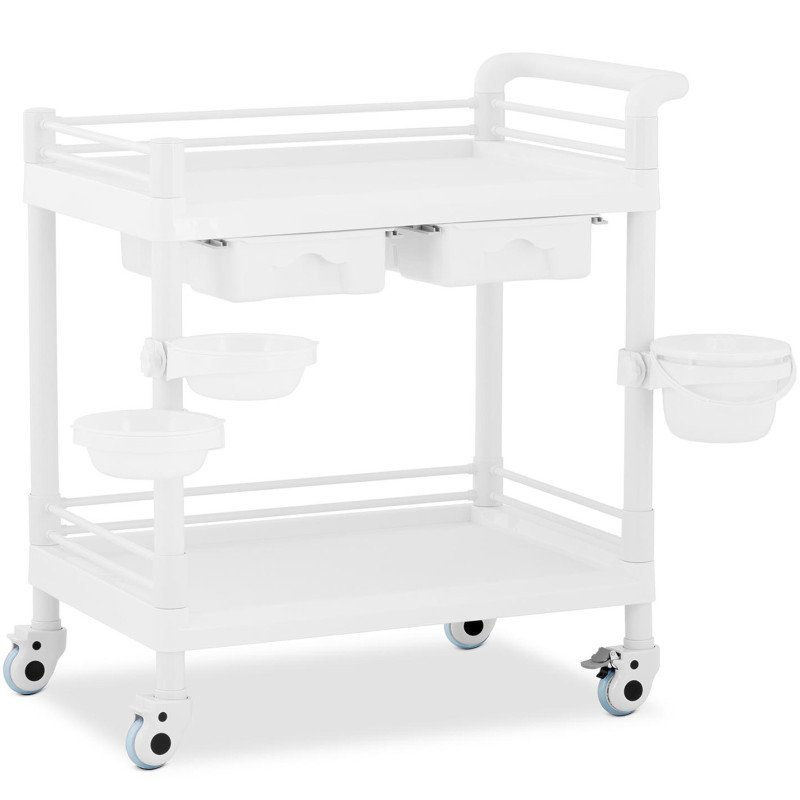 Kosmetikos laboratorinis vežimėlis 2 lentynos 2 stalčiai 3 konteineriai 84 x 53 x 92 cm 36 kg