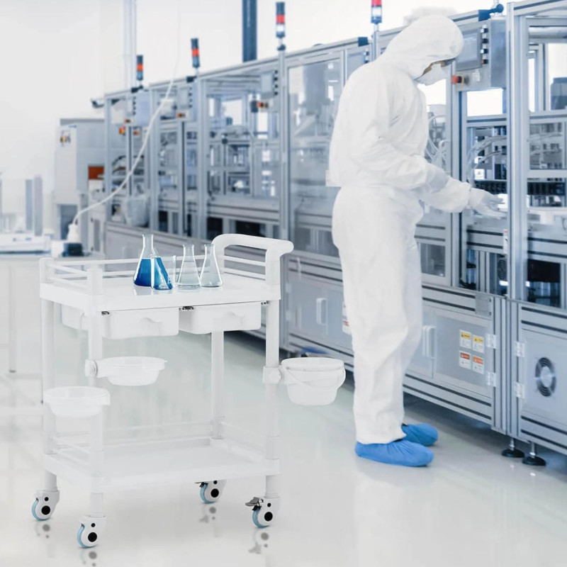 Kosmetikos laboratorinis vežimėlis 2 lentynos 2 stalčiai 3 konteineriai 84 x 53 x 92 cm 36 kg