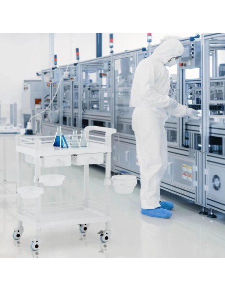 Kosmetikos laboratorinis vežimėlis 2 lentynos 2 stalčiai 3 konteineriai 84 x 53 x 92 cm 36 kg