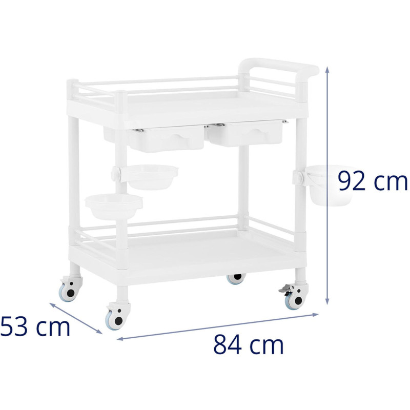 Kosmetikos laboratorinis vežimėlis 2 lentynos 2 stalčiai 3 konteineriai 84 x 53 x 92 cm 36 kg