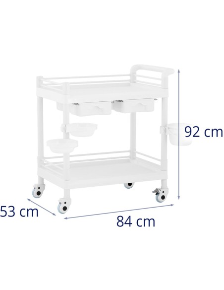 Kosmetikos laboratorinis vežimėlis 2 lentynos 2 stalčiai 3 konteineriai 84 x 53 x 92 cm 36 kg