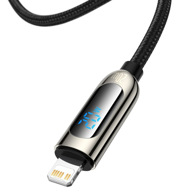 USB-C greito įkrovimo laidas Iphone Lightning 20W su galios matuoklio ekranu 2m juodas