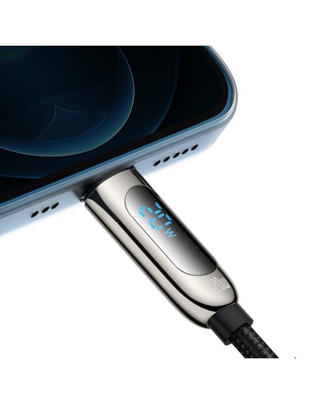 USB-C greito įkrovimo laidas Iphone Lightning 20W su galios matuoklio ekranu 2m juodas