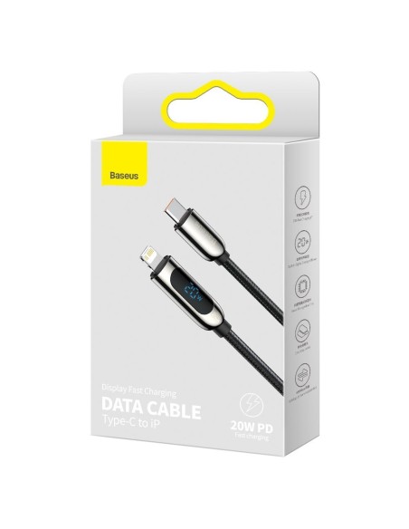 USB-C greito įkrovimo laidas Iphone Lightning 20W su galios matuoklio ekranu 2m juodas