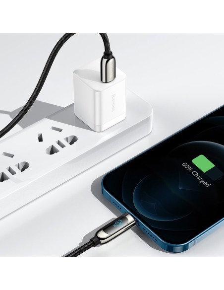 USB-C greito įkrovimo laidas Iphone Lightning 20W su galios matuoklio ekranu 2m juodas