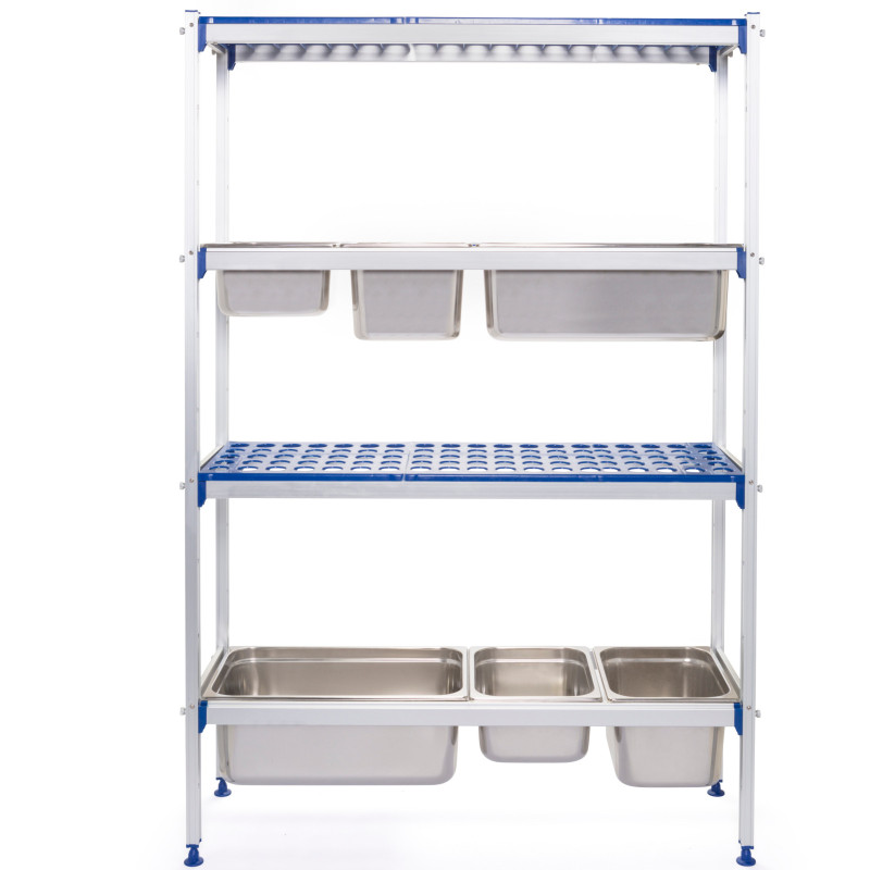 Aliuminio gastronominis laikymo lentynas virtuvei GN1/1 konteineriams, plotis 112cm Aliuminio gastronominis laikymo lentynas virtuvei GN1/1 konteineriams, plotis 112cm