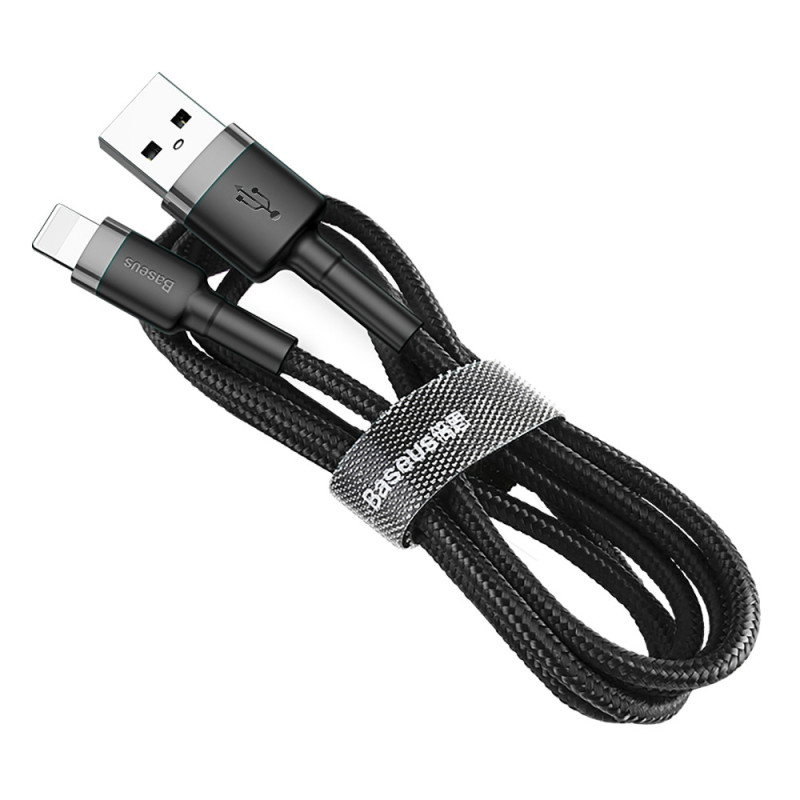 Patvarus lankstus kabelis USB laidas iPhone Lightning QC3.0 2.4A 0.5M juodos ir pilkos spalvos