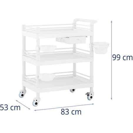 Kosmetinių procedūrų laboratorinis vežimėlis 3 lentynos 1 stalčius 83 x 53 x 99 cm 60 kg Kosmetinių procedūrų laboratorinis vežimėlis 3 lentynos 1 stalčius 83 x 53 x 99 cm 60 kg