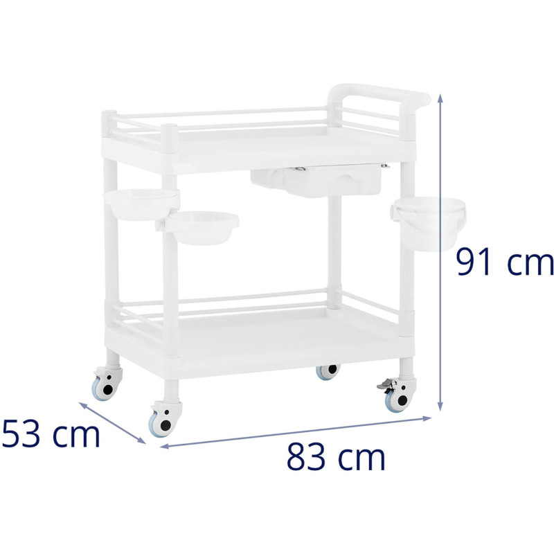 Kosmetikos laboratorinis vežimėlis 2 lentynos 1 stalčius 3 konteineriai 83 x 53 x 91 cm 40 kg