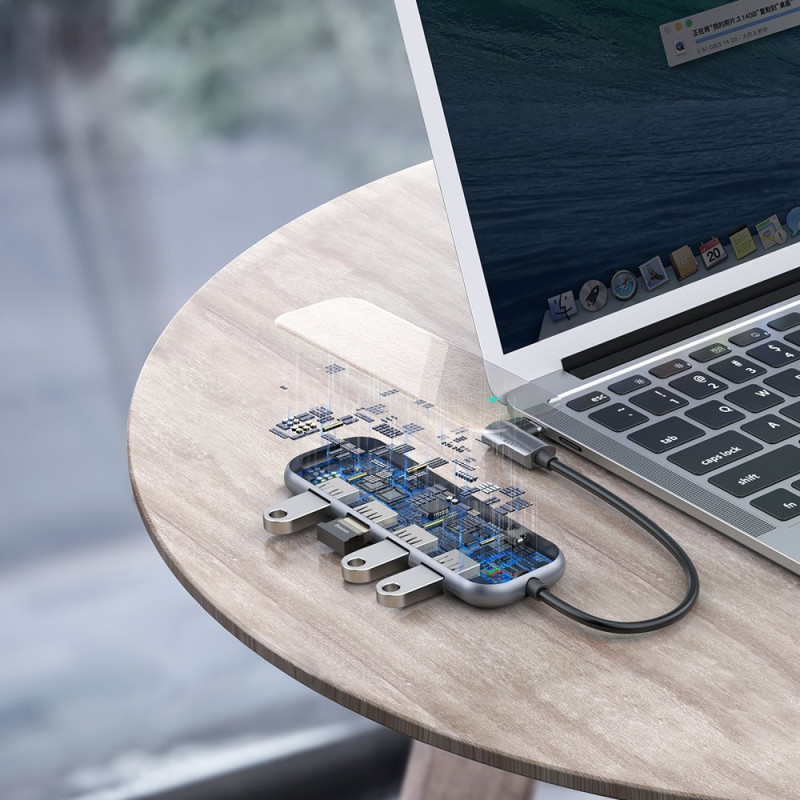 Adapteris HUB USB-C į 4x USB 3.0 USB-C PD, skirtas MacBook PC pilkas