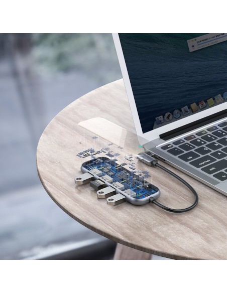Adapteris HUB USB-C į 4x USB 3.0 USB-C PD, skirtas MacBook PC pilkas Adapteris HUB USB-C į 4x USB 3.0 USB-C PD, skirtas MacBook PC pilkas