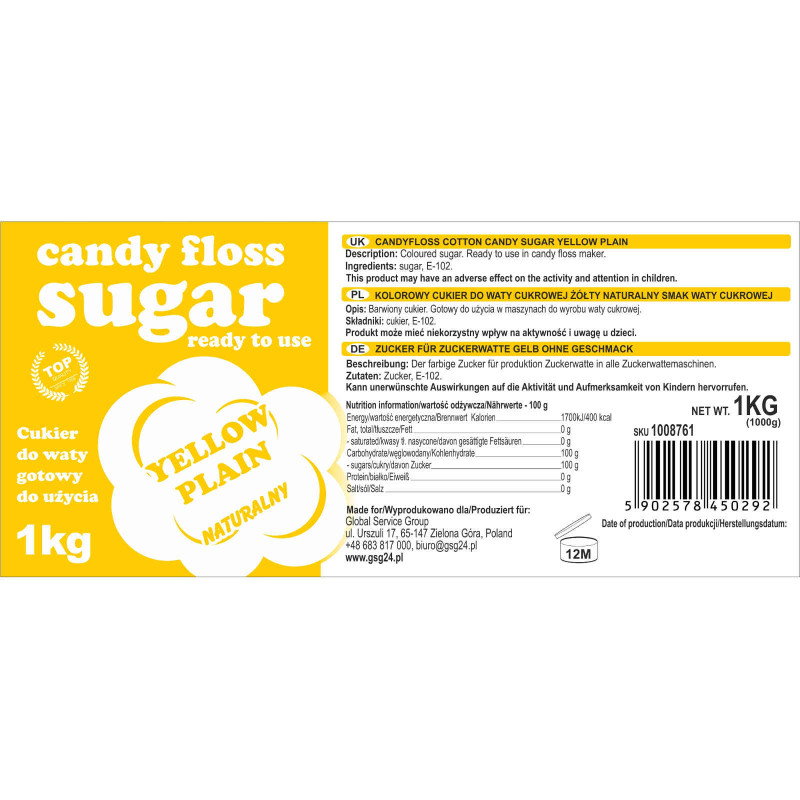 Spalvotas cukrus cukraus vatai geltonas natūralus cukraus vatos skonio 1kg