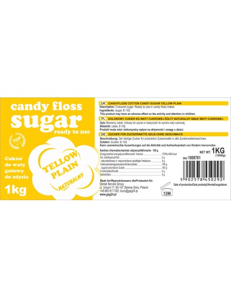Spalvotas cukrus cukraus vatai geltonas natūralus cukraus vatos skonio 1kg Spalvotas cukrus cukraus vatai geltonas natūralus cukraus vatos skonio 1kg