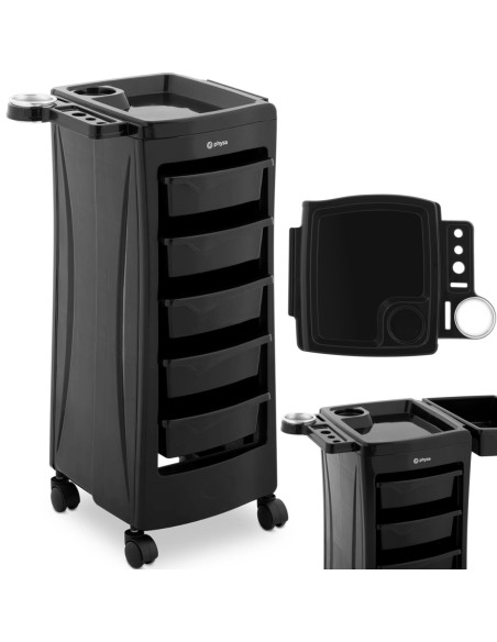 Kirpyklos pagalbinis vežimėlis su džiovintuvo laikikliu 5 stalčių lentyna 485 x 380 mm Kirpyklos pagalbinis vežimėlis su džiovintuvo laikikliu 5 stalčių lentyna 485 x 380 mm
