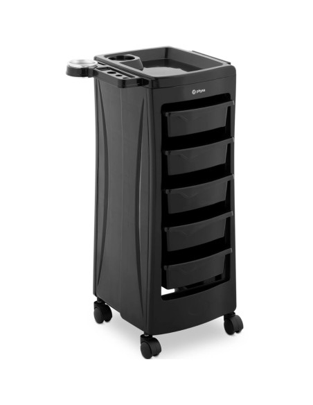 Kirpyklos pagalbinis vežimėlis su džiovintuvo laikikliu 5 stalčių lentyna 485 x 380 mm Kirpyklos pagalbinis vežimėlis su džiovintuvo laikikliu 5 stalčių lentyna 485 x 380 mm
