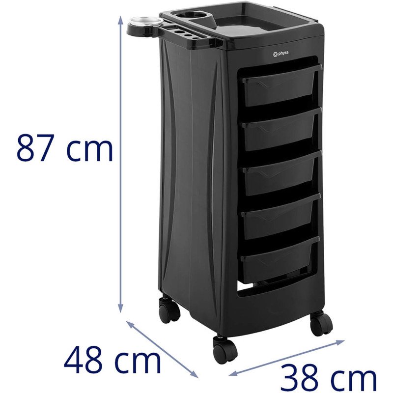 Kirpyklos pagalbinis vežimėlis su džiovintuvo laikikliu 5 stalčių lentyna 485 x 380 mm