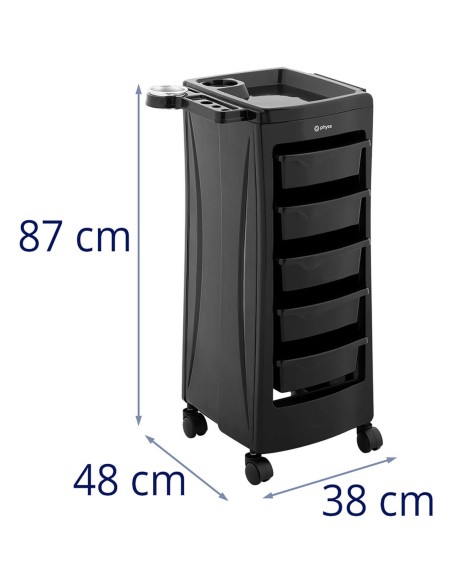 Kirpyklos pagalbinis vežimėlis su džiovintuvo laikikliu 5 stalčių lentyna 485 x 380 mm Kirpyklos pagalbinis vežimėlis su džiovintuvo laikikliu 5 stalčių lentyna 485 x 380 mm