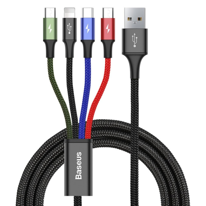 Kabelis USB laidas 4in1 iPhone Lightning USB-C 2 x microUSB nailono pynėje 3.5A 1.2m juodas