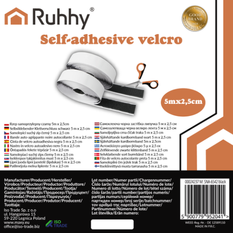 Lipnus lipdukas, juodas, 5 m x 2,5 cm, Ruhhy 24237