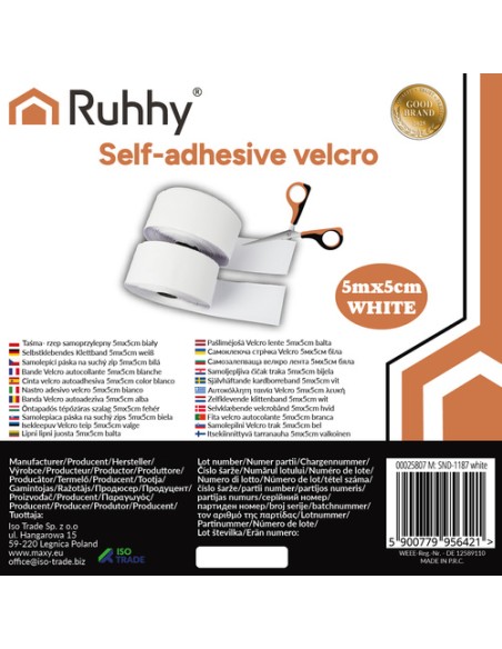 Lipni lipni juosta „Velcro“, 5 m x 5 cm, balta, Ruhhy 25807