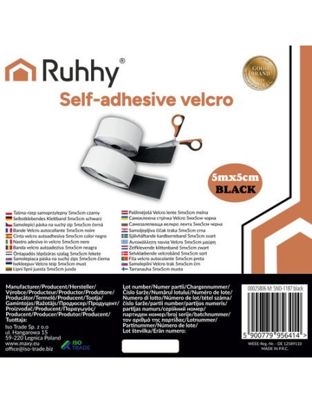 Lipni lipni juosta „Velcro“, 5 m x 5 cm, juoda, Ruhhy 25806