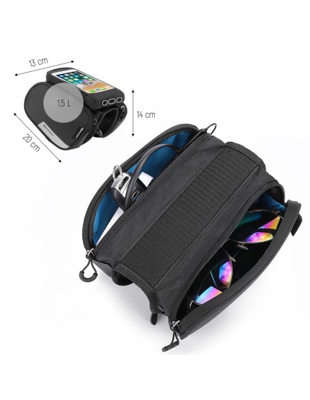 
Dviračio rėmo krepšys + nuimamas telefono dėklas iki 6,5 colio, 1,5 l, juodas
