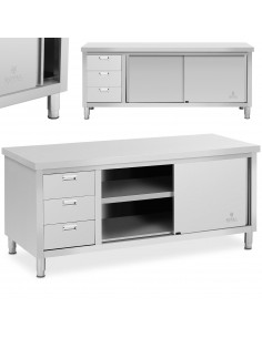 
Nerūdijančio plieno grindų spintelė maitinimo įstaigoms su 3 stalčiais, stumdomomis durelėmis, 200x70cm
