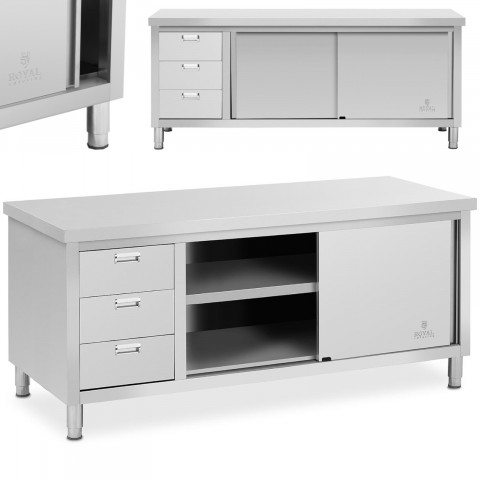 
Nerūdijančio plieno grindų spintelė maitinimo įstaigoms su 3 stalčiais, stumdomomis durelėmis, 200x70cm
