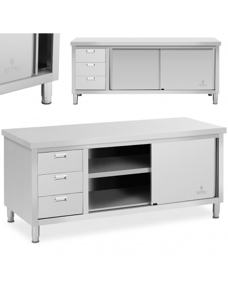 
Nerūdijančio plieno grindų spintelė maitinimo įstaigoms su 3 stalčiais, stumdomomis durelėmis, 200x70cm
