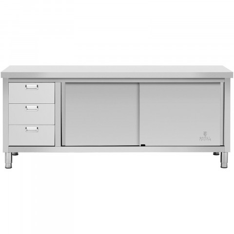 
Nerūdijančio plieno grindų spintelė maitinimo įstaigoms su 3 stalčiais, stumdomomis durelėmis, 200x70cm
