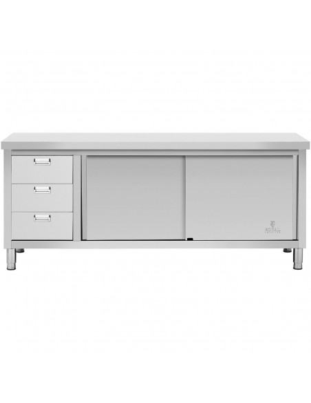 
Nerūdijančio plieno grindų spintelė maitinimo įstaigoms su 3 stalčiais, stumdomomis durelėmis, 200x70cm
