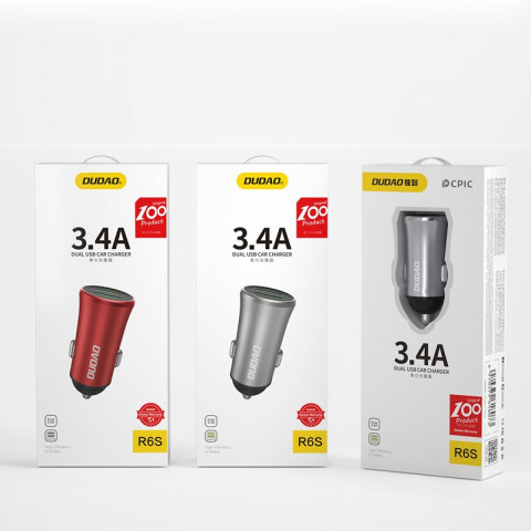 
R6S išmanusis automobilinis įkroviklis 2x USB 3.4A sidabrinis
