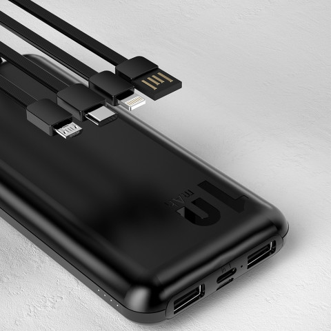
K6Pro 10000mAh universalus išorinis akumuliatorius su USB-C MicroUSB Lightning laidu, baltas

