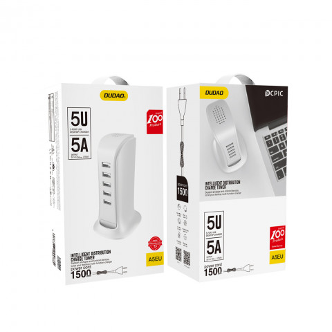 
A5EU 5 įrenginių įkroviklis, 5x USB su integruotu tinklo laidu, baltas
