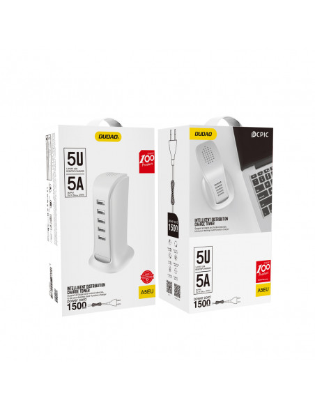 
A5EU 5 įrenginių įkroviklis, 5x USB su integruotu tinklo laidu, baltas
