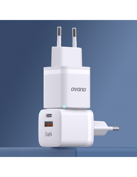 
GaN 33W PPS USB-C USB-A sieninis įkroviklis, baltas
