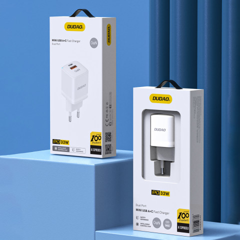 
GaN 33W PPS USB-C USB-A sieninis įkroviklis, baltas
