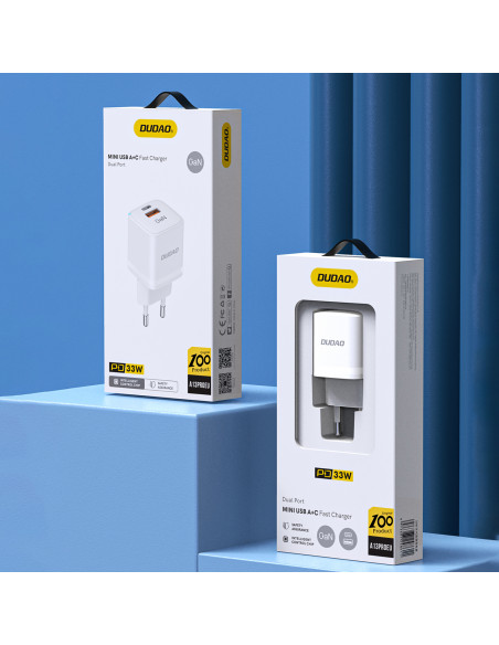 
GaN 33W PPS USB-C USB-A sieninis įkroviklis, baltas
